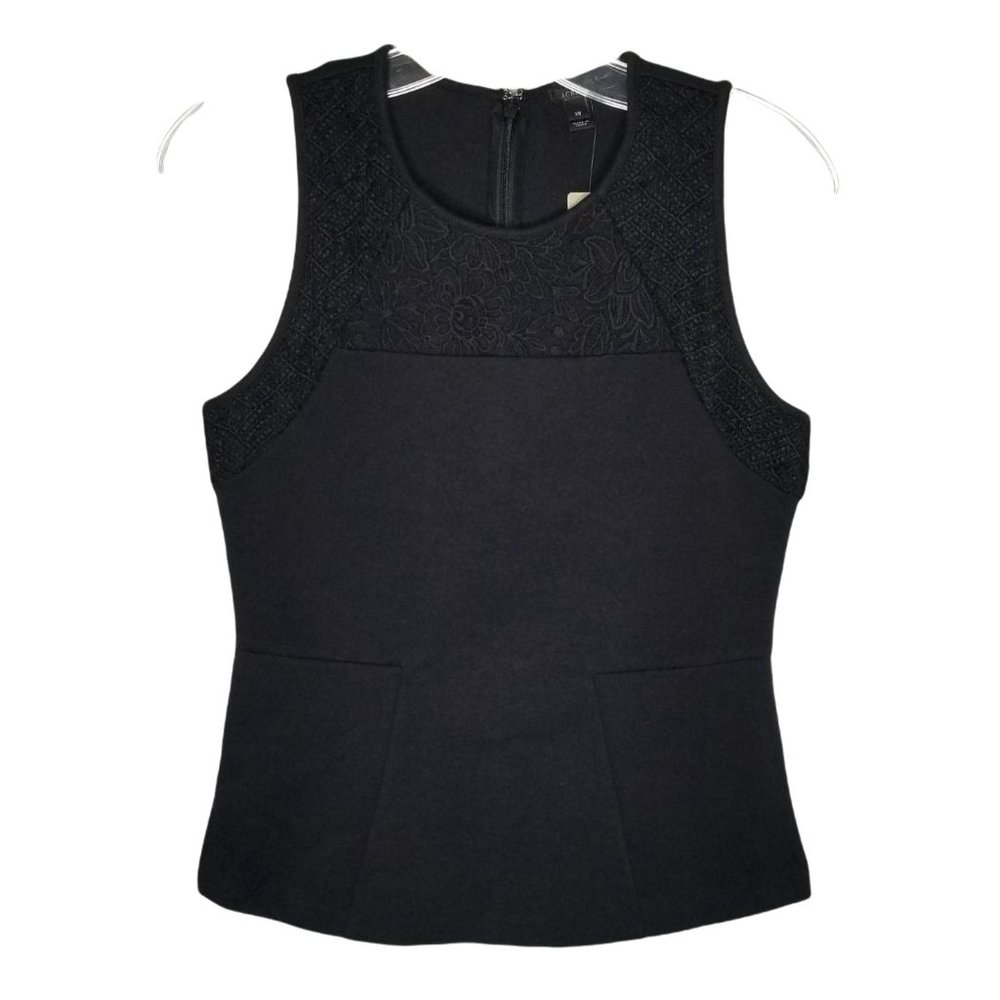 J Crew Size XS NWT Top Mixed Knit Lace Structured Shaped Fit Shell Peplum Black - Picture 2 of 7
